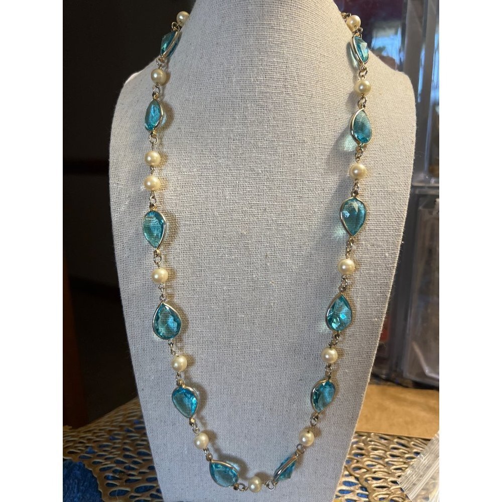 ETC! Blue Crystal & Pearl Necklace -- 26"